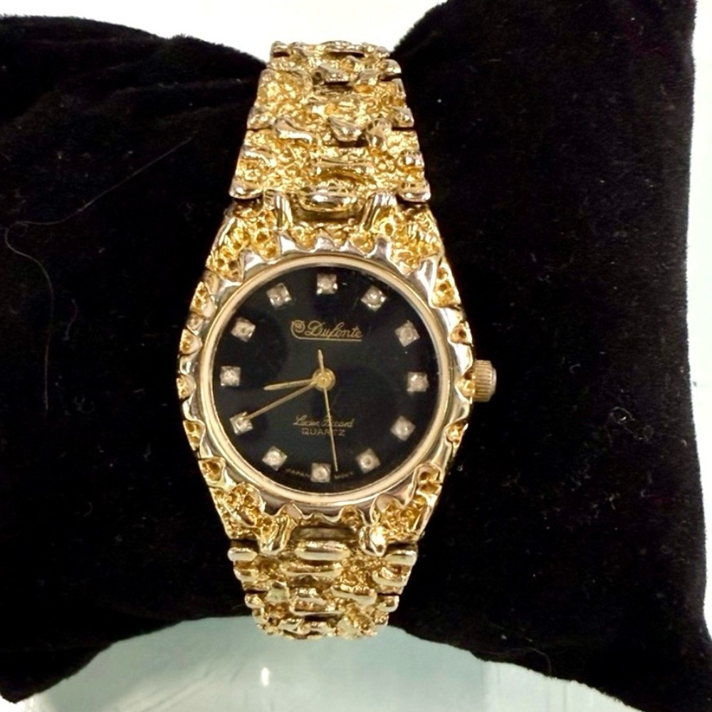 Vintage‎ Dufonte Lucien Piccard Nugget Bracelet Watch Gold Tone Diamond Accents